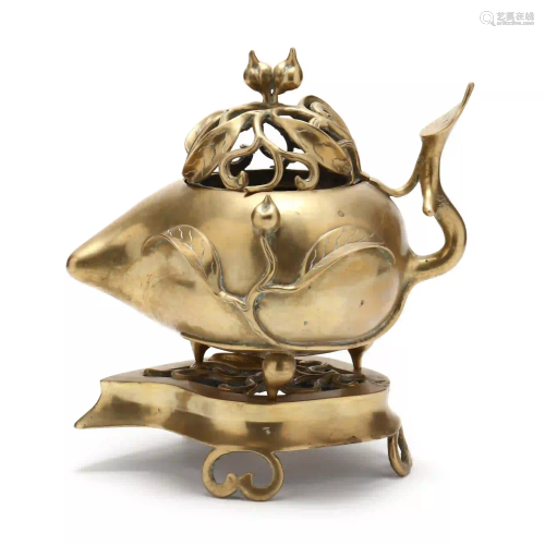 A Chinese Brass Peach Form Censer with Stand
