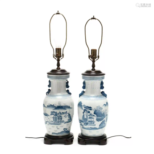 A Pair of Chinese Style Blue and White Porcelain Vase