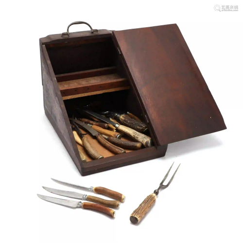 Antique Mahogany Cutlery Box and Stag Handled Cutlery