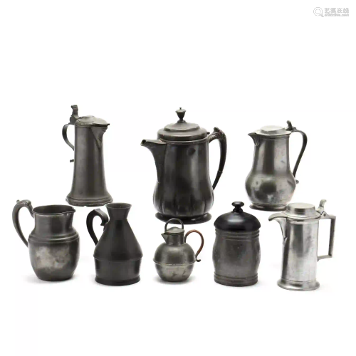 A Collection of Eight Antique Pewter Vessels