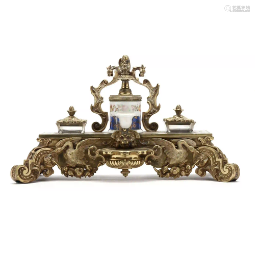 Renaissance Revival Figural Brass and Porcelain Ink