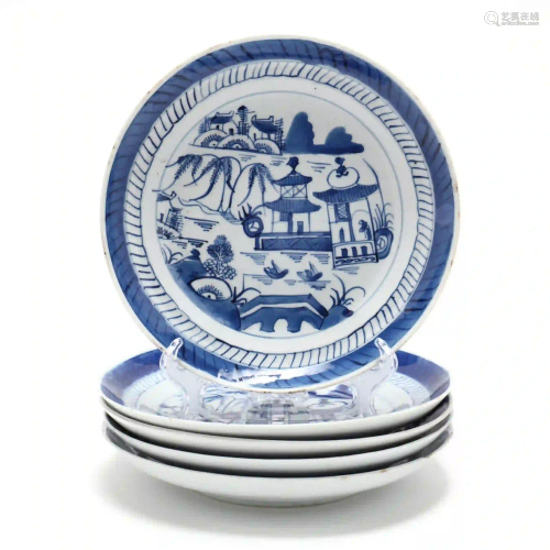 A Group of Five Chinese Blue Canton Porcelain Plates