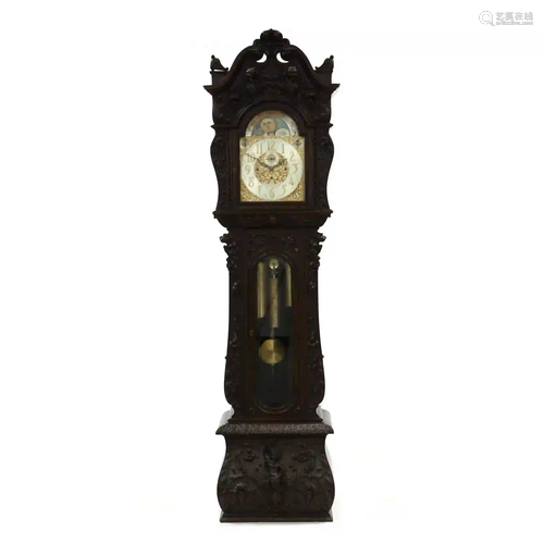 Antique German Carved Oak Tall Case Clock, Elite