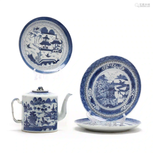 A Chinese Export Blue and White Canton Teapot and Three