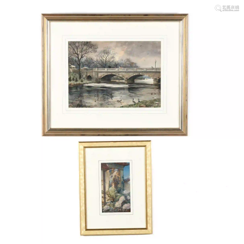 Two Antique English Watercolor Paintings on Paper