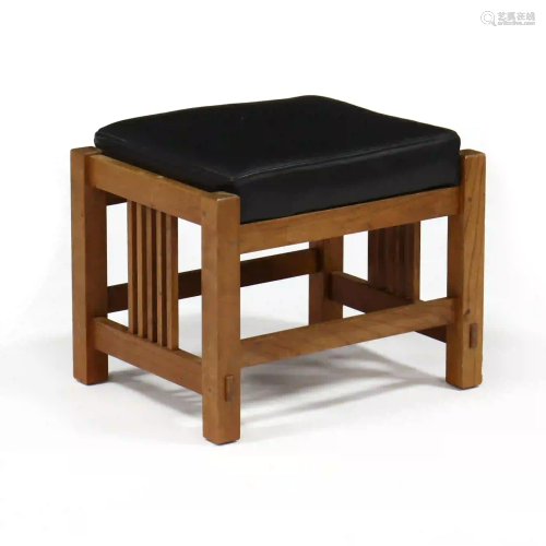 Stickley, Mission Cherry and Leather Ottoman
