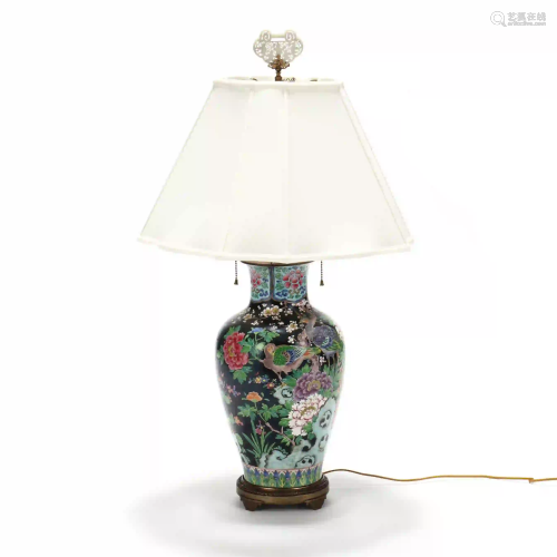 A Large Chinese Porcelain Peacock Vase Lamp