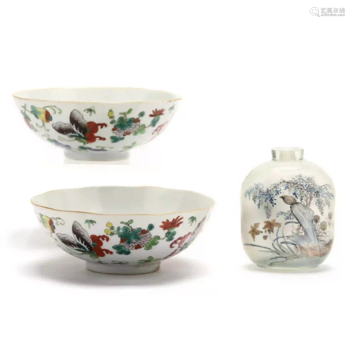 A Pair of Chinese Famille Rose Bowls and Large Snuff