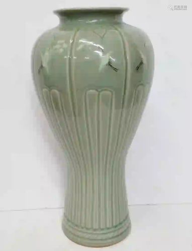 Large Korean Signed Celadon Green Vase Crane Motif
