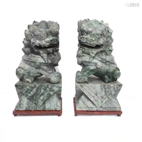 Lg Heavy Pair Carved Chinese Jade Foo Dog Lion Statues