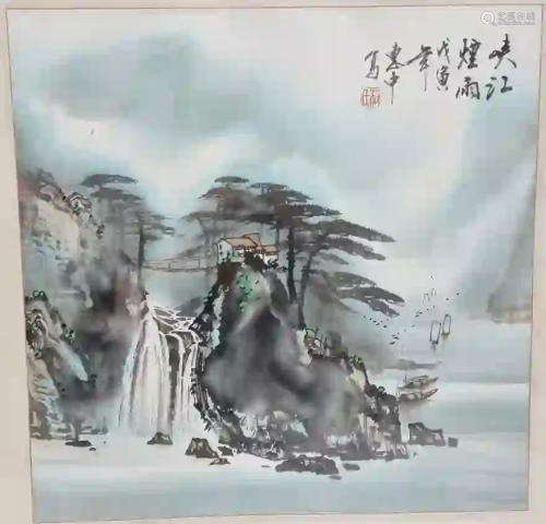 Vintage Chinese Stamped Ink Painting Mountains River