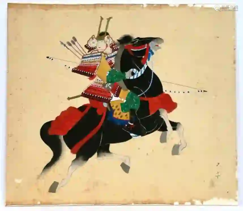 Vintage Samurai Black Horse Silk Painting Chinese Japan