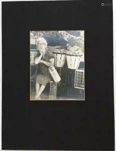 Vintage Black and White Photograph Elderly Woman Fruit