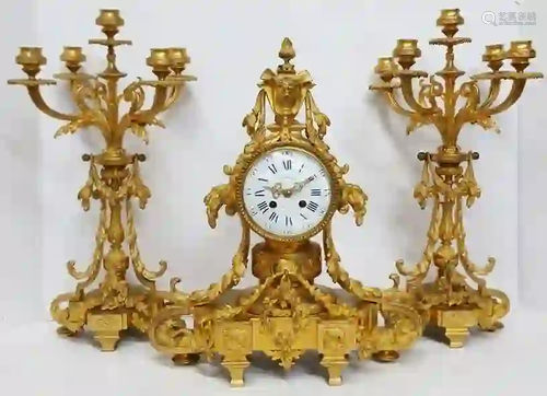 Antique French Gilt Bronze Clock Candelabra Garniture