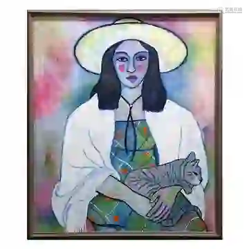 Fauvist Style Girl With Cat Large Oil Painting