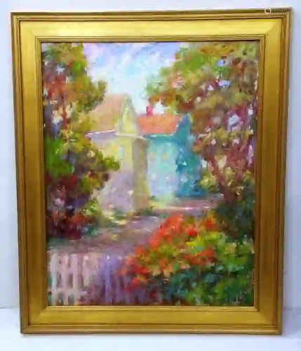 American School Late 20C Signed Yellow Blue House Oil