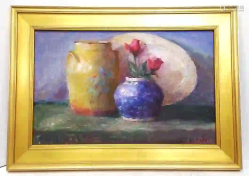 American School Late20C Signed Blue Ginger Jar Painting