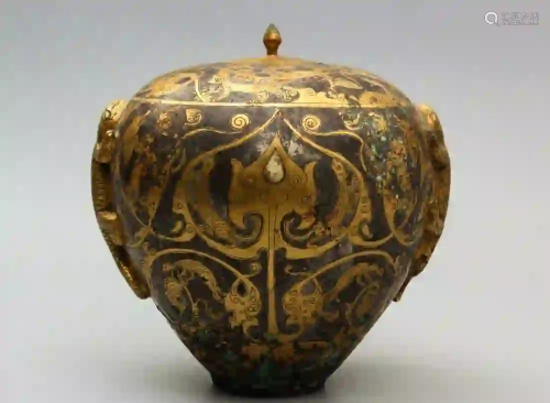 A GOLD AND SILVER INLAID 'DRAGON' JAR WITH LID