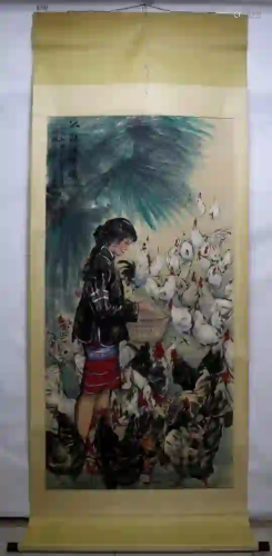 A PAINTING OF A LADY FEEDING CHICKENS, HUANG ZHOU
