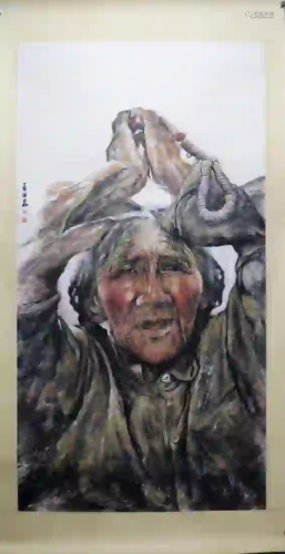 A PAINTING OF AN OLD LADY'S PORTRAIT, NAN HAIYAN