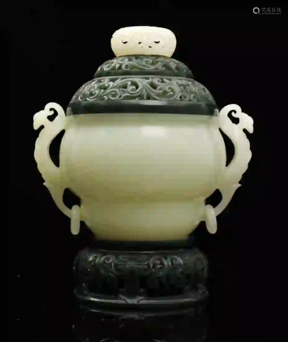 A CARVED JADE CENSER WITH COVER ON STAND