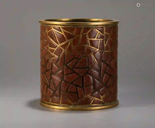 A GILT BRONZE TIGER EYE STONE INLAID BRUSH POT