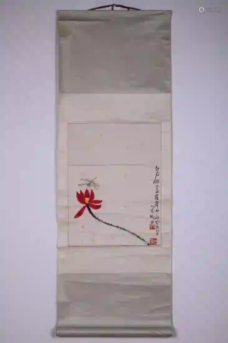 CHINESE PAINTING OF DRAGONFLY AND LOTUS, QI XILAI