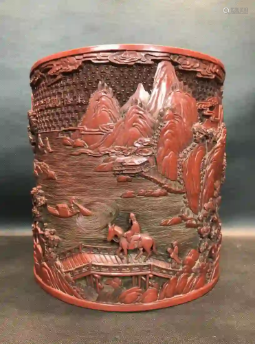 A RED LACQUERED 'VISITING SCHOLAR' BRUSH POT