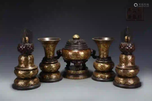 SET OF FIVE WELL CAST BRONZE ALTAR RITUAL OBJECTS