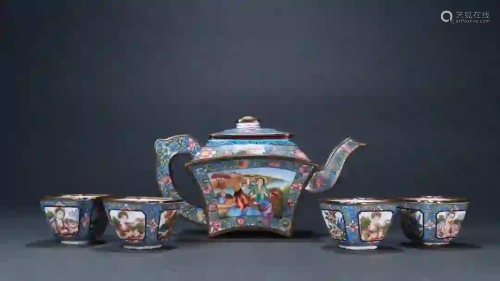 ENAMAL DECORATED BRONZE TEAPOT AND CUPS SET