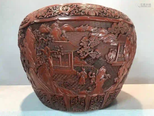 A RED LACQUERED 'NARRATIVE FIGURES' WOOD VAT