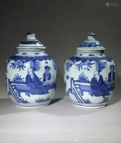 PAIR OF BLUE AND WHITE 'FIGURE' PORCELAIN JARS