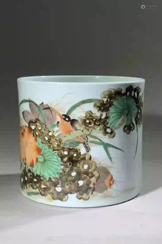 A WUCAI 'LOTUS AND INSECT' PORCELAIN BRUSH POT