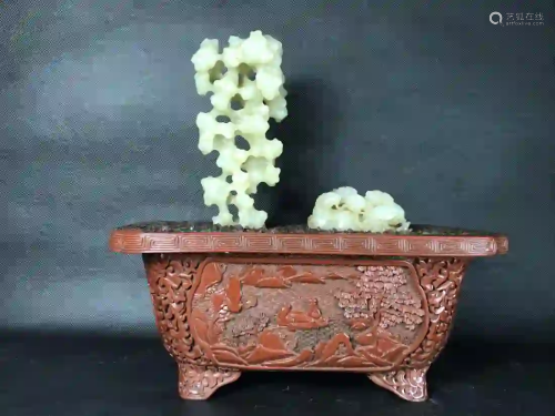 JADE CARVING MINIASCAPE ON RED LACQUERED POT