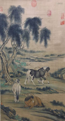 A Chinese Four Horse Painting, Lang Shining Mark