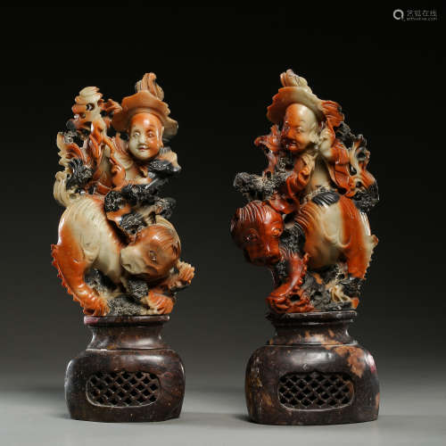 A PAIR OF SHOUSHAN STONE ORNAMENTS, QING DYNASTY, CHINA
