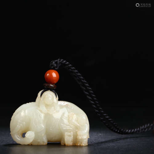 A Hetian Jade Boy&Elephant Pendant
