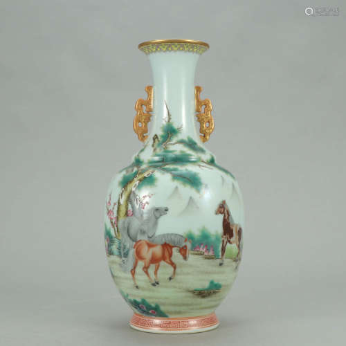 A Famille Rose Horse Porcelain Double Ears Vase