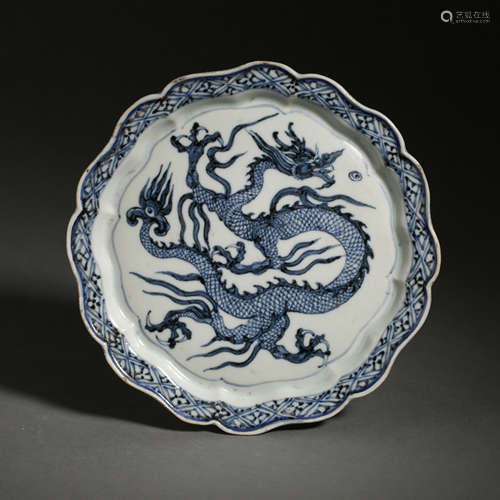 BLUE AND WHITE PLATE, YUAN DYNASTY, CHINA