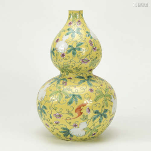 A Yellow Ground Famille Rose Floral Porcelain Gourd-shaped Vase