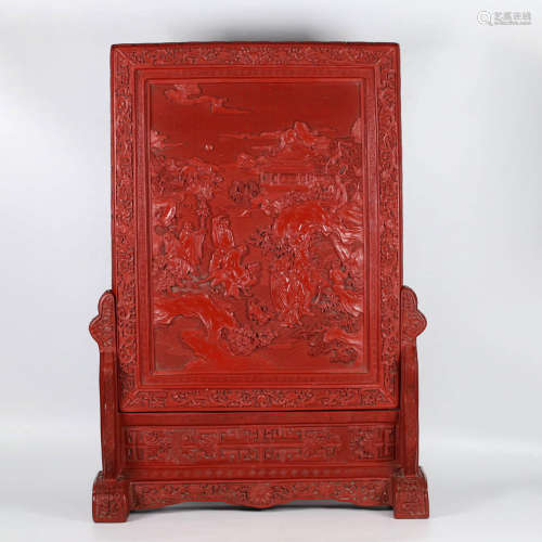 A Landscape Carved Red Lacquerwork Table Screen