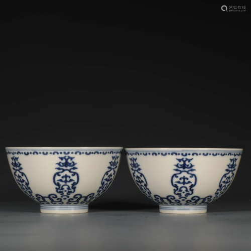 A Pair of Blue and White Twining Lotus Pattern Porcelain Bowls