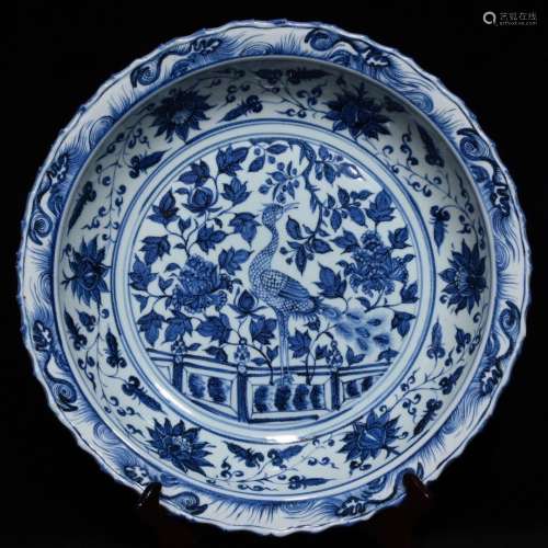 A Blue and White Floral Peacock Porcelain Plate
