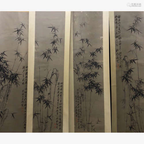 4 Pieces Chinese Bamboo Painting Screens, Zheng Banqiao Mark