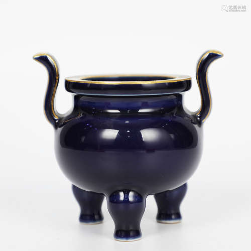 A Blue Glaze Gilt-inlaid Porcelain Three-legged Incense Burner