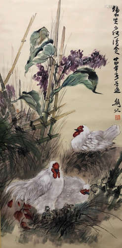 A Chinese Rooster Painting, Gao Jianfu Mark