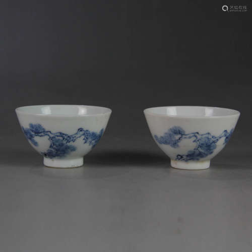 A Pair of Blue and White Pine Tree Porcelain Tea Cups