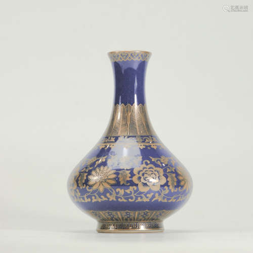 An Altar Blue Glaze Gilt-inlaid Floral Porcelain Vase