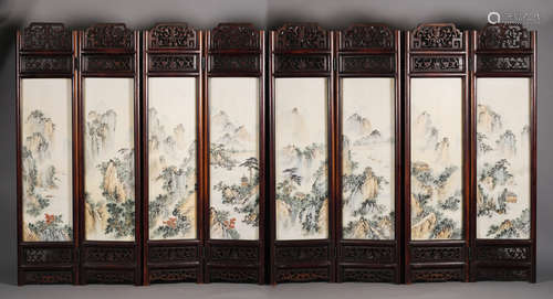 Qing Dynasty - Boxwood and Marble Shanshui Screen