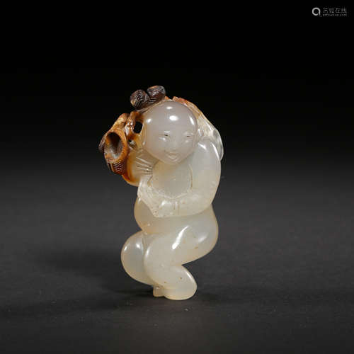 AGATE CARVED BOY FIGURE, QING DYNASTY, CHINA